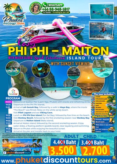 Lazy Phi Phi Maiton Island speed catamaran tour with water slides, snorkeling, clear kayaking and sunset viewing