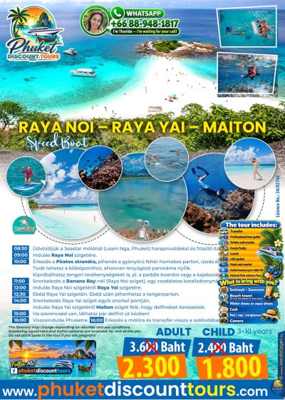 Raya Noi Raya Yai Maiton speedboat tour flyer featuring white sandy beaches, coral reefs, snorkeling and dolphins