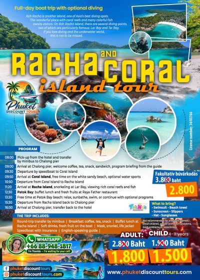 Racha and Coral Island speedboat tour flyer featuring tropical beaches, coral reefs, snorkeling and optional scuba diving