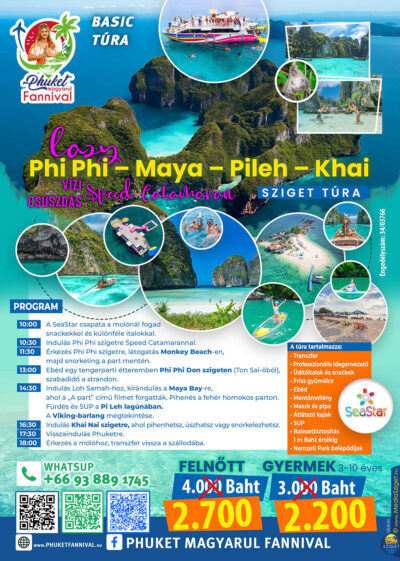 Lazy Phi Phi szigettúra vízi csúszdás Speed Catamaránnal, Maya Bay és Pileh-lagúna látogatással – Phuket Fannival magyar nyelvű asszisztencia.