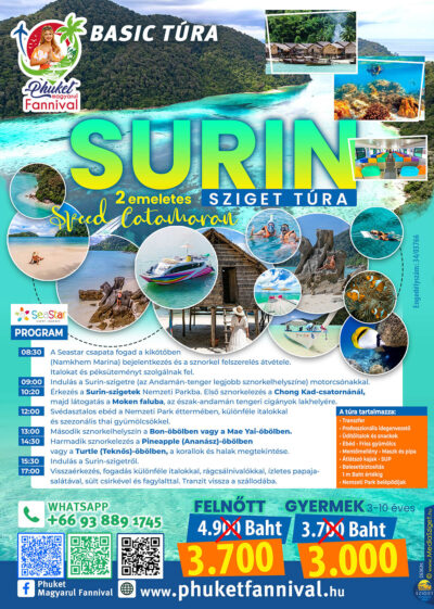 Surin-szigetek túra kétemeletes gyorskatamaránnal és Moken falu látogatással – Phuket Fannival magyar nyelvű asszisztencia.