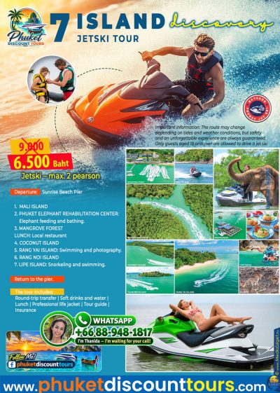 7 Islands Discovery Jet Ski Tour Phuket promotional flyer with jet ski rider and tropical island destinations