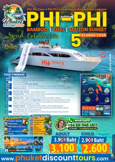 Phi Phi 5 Islands Tour by premium speed catamaran visiting Bamboo, Khai and Maiton Islands from Phuket